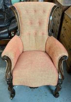 Victorian mahogany show frame button backed gentleman's chair, having upholstered arms and