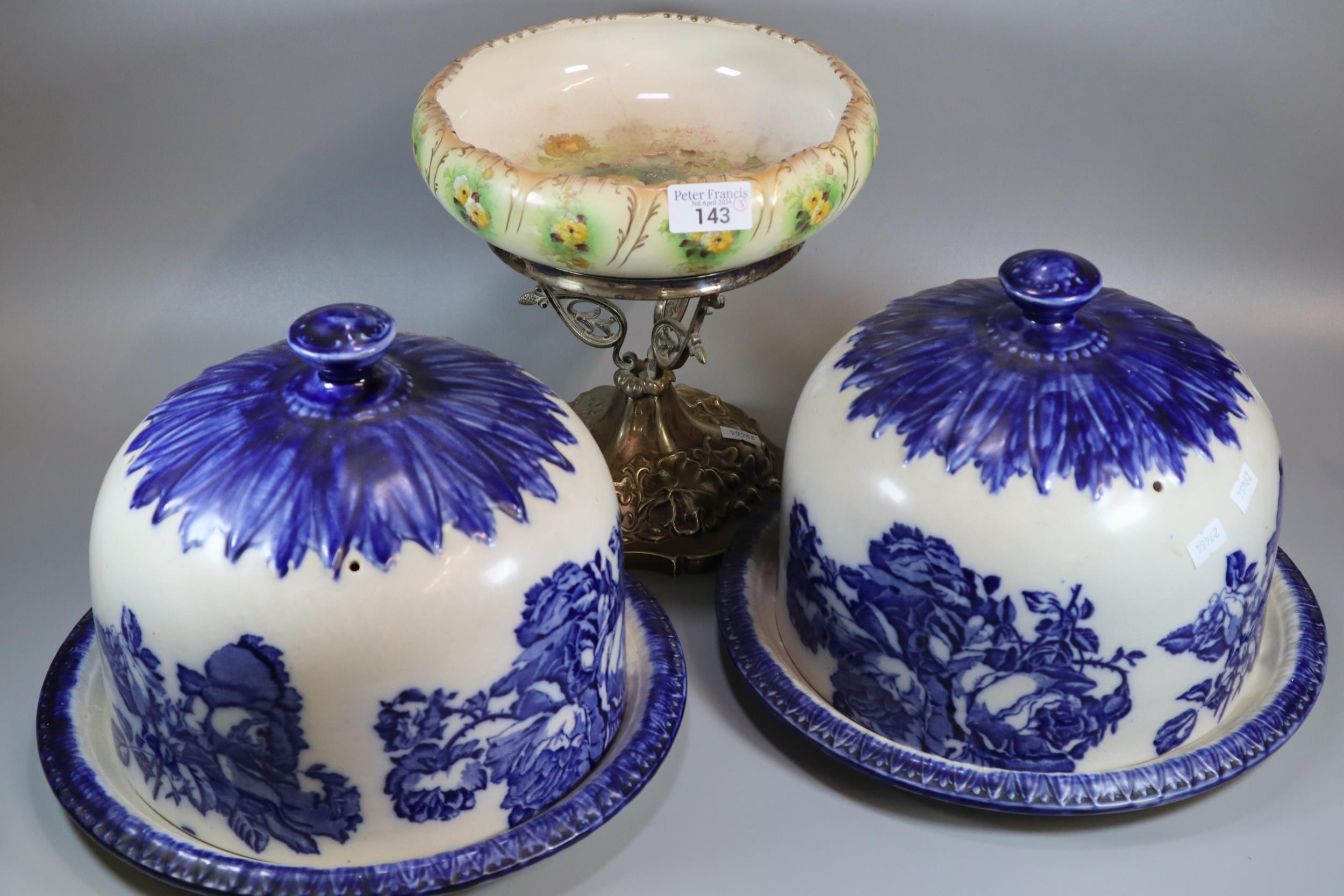 Pair of 19th century blue and white transfer printed Staffordshire cake domes on stands, together