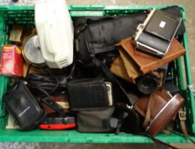 Crate of cameras and accessories to include: Sanyo VN-D6P camcorder, Vistarama episcope projector,