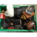 Crate of cameras and accessories to include: Sanyo VN-D6P camcorder, Vistarama episcope projector,