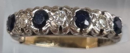 18ct white gold six stone diamond and sapphire ring. 4g approx. Size L1/2. (B.P. 21% + VAT)