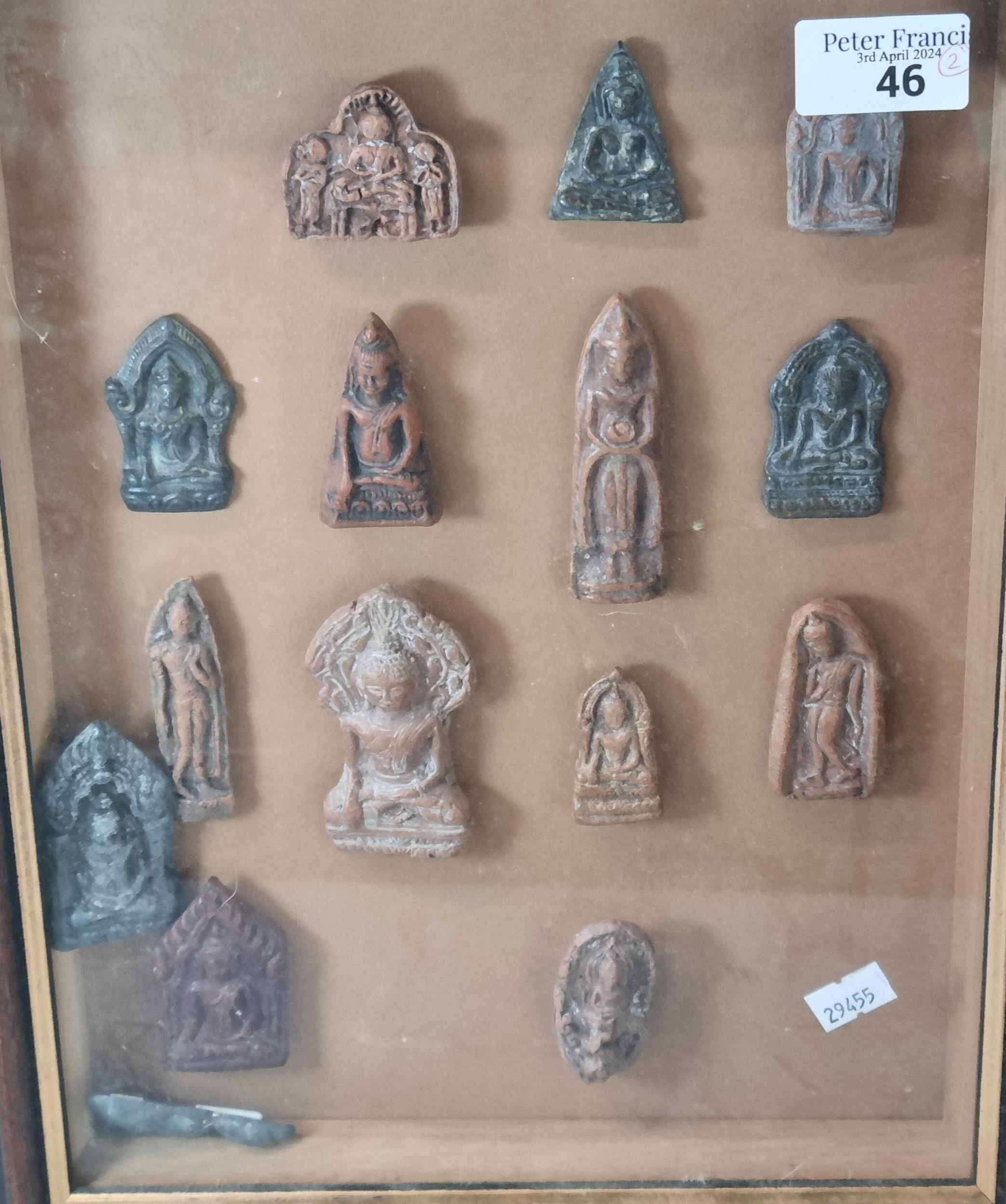 Group of appearing carved devotional figures mounted in a wooden glass fronted display frame - Image 2 of 3