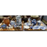 Two trays of oriental design china to include: blue and white chocolate cup with lid, prunus blossom