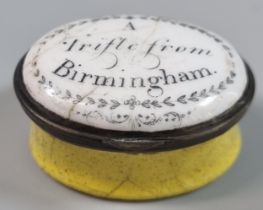 18th century Bilston enamel patch box, 'A Trifle from Birmingham'. (B.P. 21% + VAT)