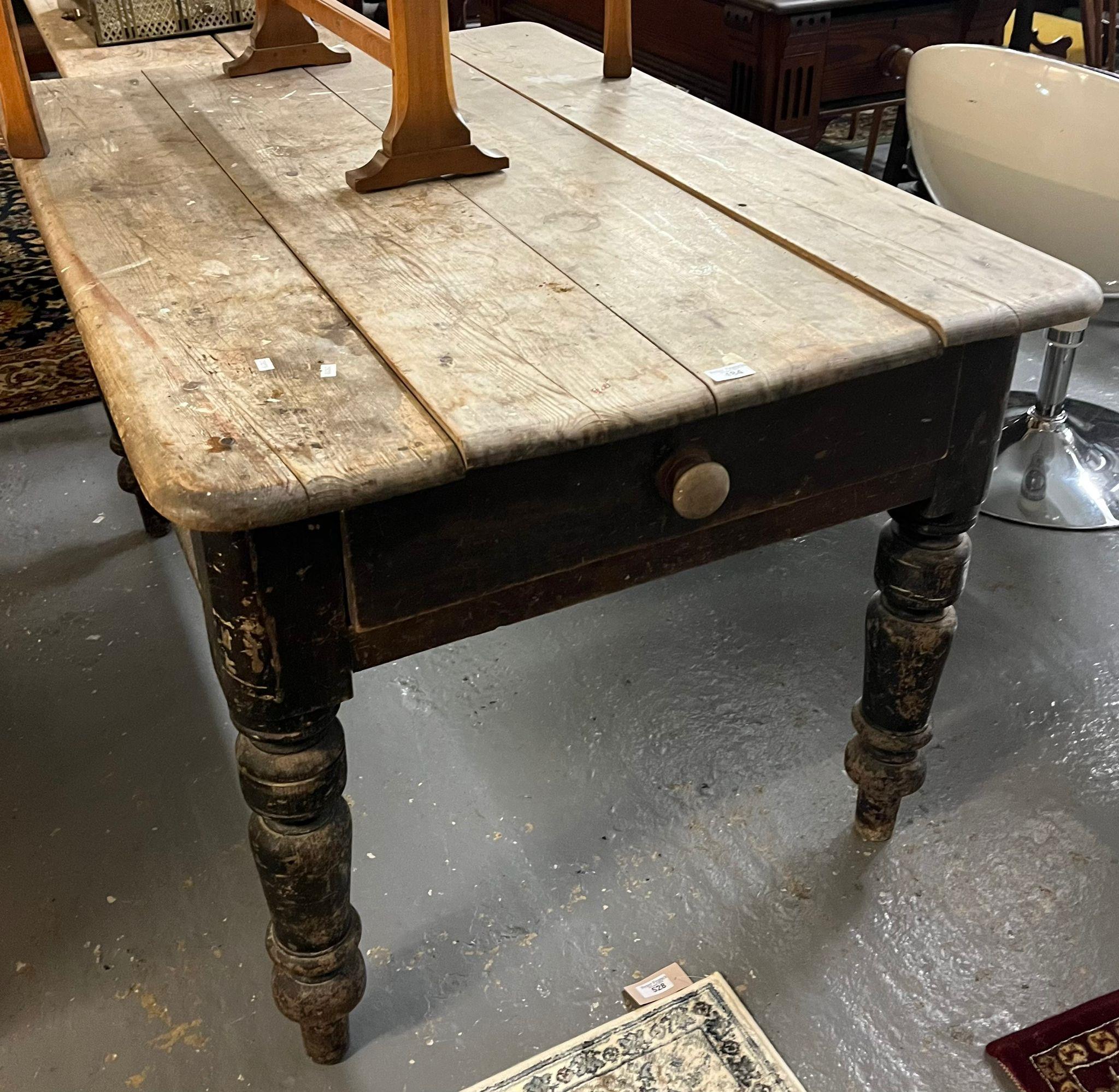 Late Victorian distressed pine single drawer farmhouse kitchen table. 132x88x77cm approx. (B.P.