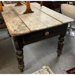 Late Victorian distressed pine single drawer farmhouse kitchen table. 132x88x77cm approx. (B.P.