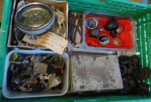 Crate containing various automobilia including; vintage 60's Morris Minor original Smith's