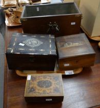 Leather and brass two handled planter with tin lining and armorial together with three wooden boxes,