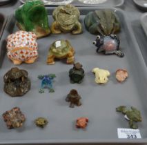 Tray of models of frogs and toads, including; pottery, hardstone, metal, cloisonne, glass etc,