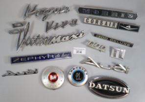 Collection of vintage and other car badges to include: Corsair, Victor, Datsun, Morris, Zephyr De