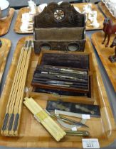 Tray of drawing and writing accessories to include; a carved wooden nautical design letter rack,