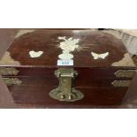 Chinese hardwood metal mounted jewellery box with raised mother of pearl flowers in basket and