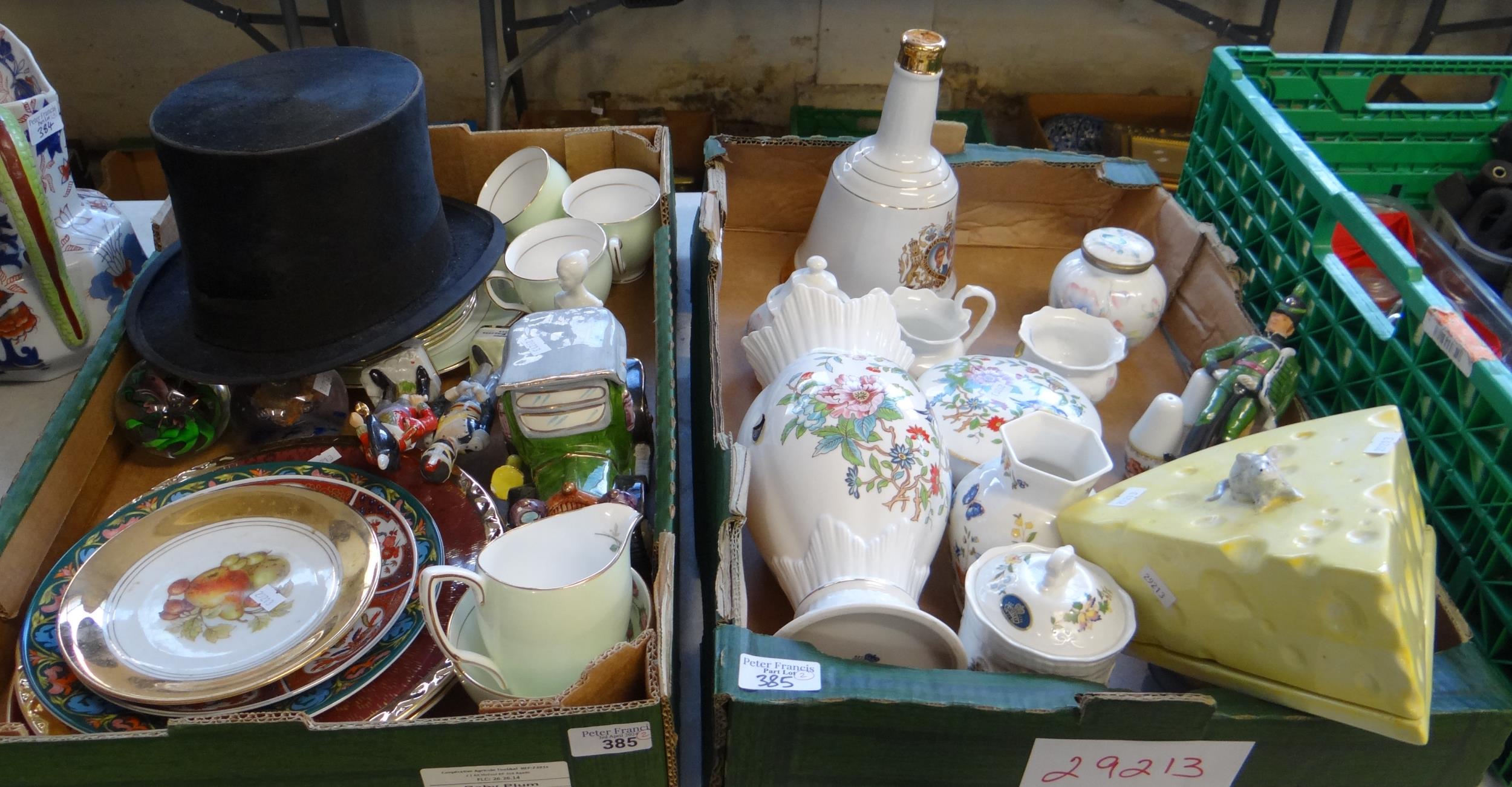 Two boxes of assorted items, mostly china to include: Aynsley 'Pembroke' design vases, conserve pot,