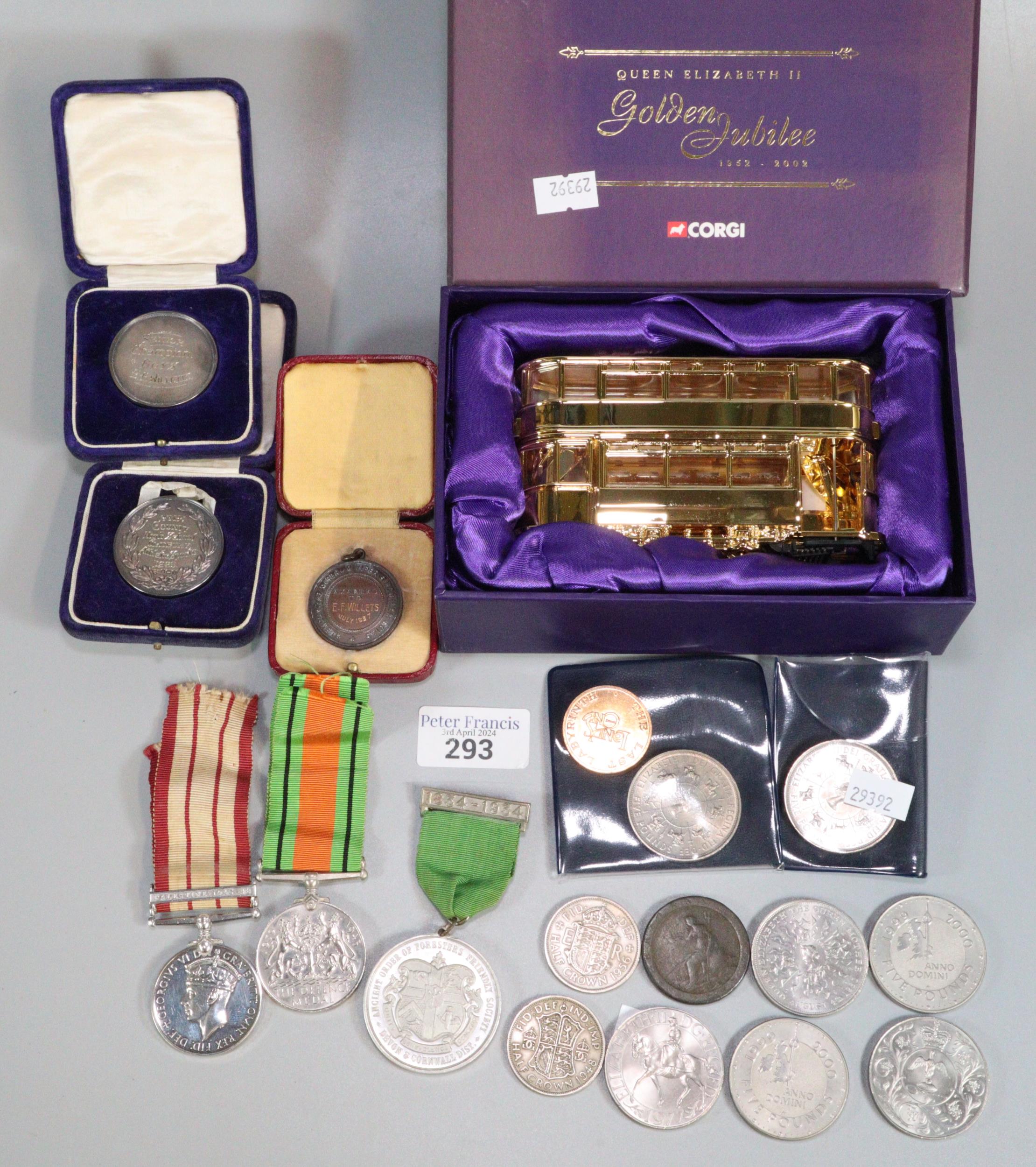 Bag of oddments to include: Corgi Queen Elizabeth II Golden Jubilee Tram in original box, two silver