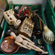 Box of assorted items to include: a wooden artist dummy/figure, candlesticks, plated chamber