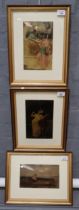 Three Victorian sentimental coloured prints, possibly christoleums, in modern frames. 23x14.5, 23x15