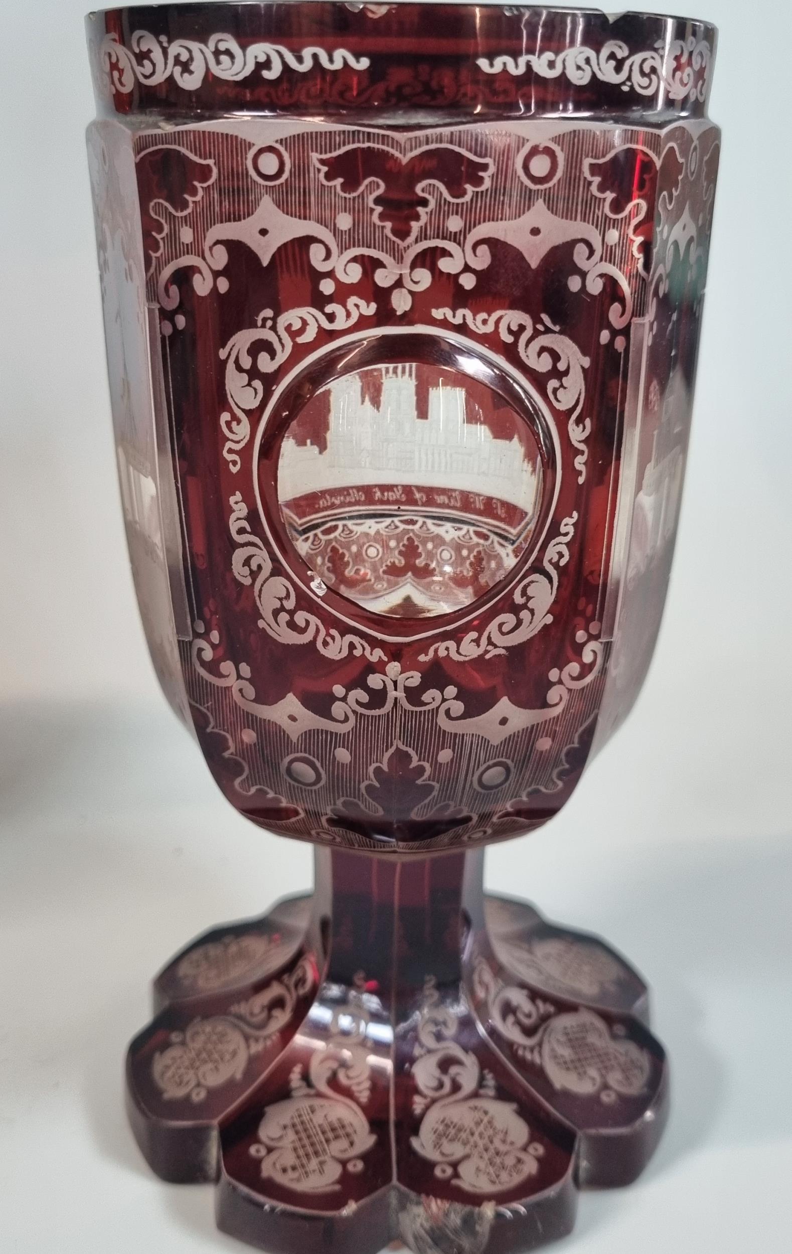 19th century ruby flash glass goblet depicting The North West View of York Minster together with a - Bild 2 aus 2