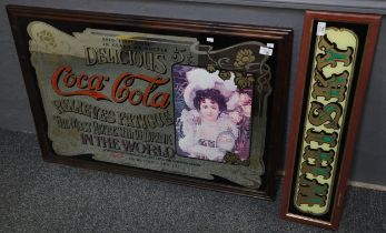 Reproduction Coca Cola advertising mirror, framed. 61x914cm approx. and a Whisky framed glass