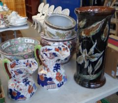 Seven ceramic items to include: modern Chinese polychrome and another centre bowl, oriental design