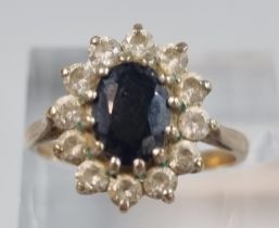 Gold multi-cluster blue and white stone ring, indistinct hallmarks. 3g approx. size N. (B.P. 21% +
