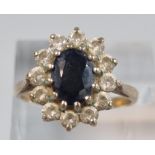 Gold multi-cluster blue and white stone ring, indistinct hallmarks. 3g approx. size N. (B.P. 21% +