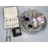 Collection of silver and other items to include: set of teaspoons (1.95 troy oz approx.), pair of