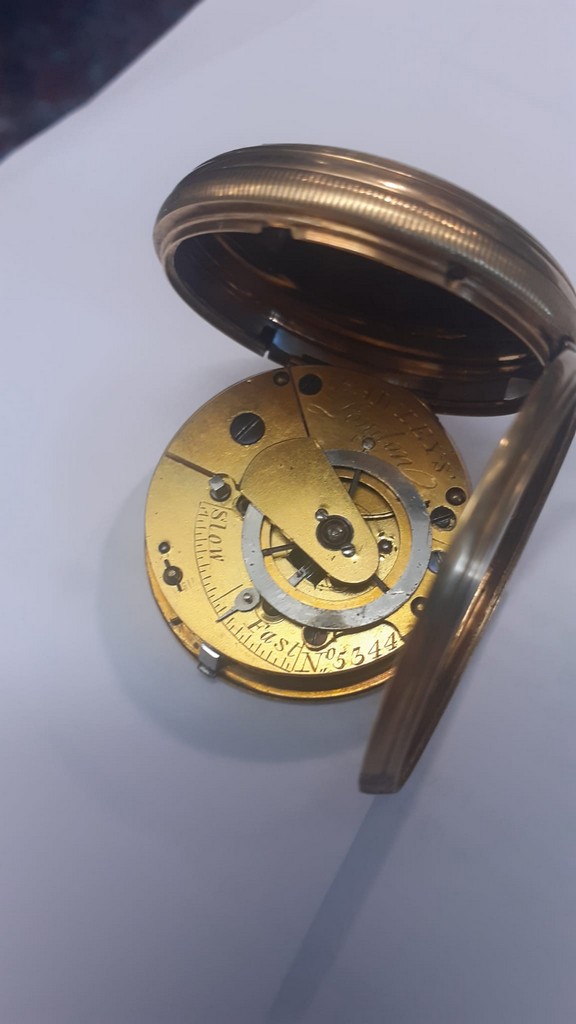 19th century 18ct gold keyless fusee movement open face pocket watch with engine turned case and - Image 4 of 4