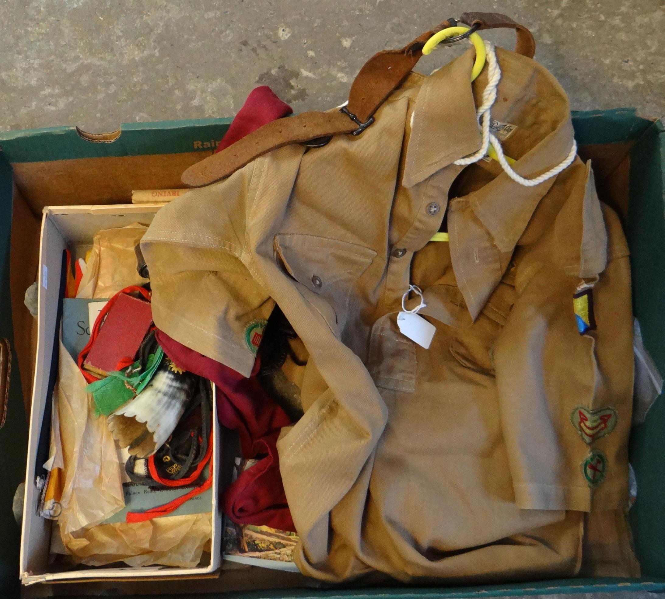 Box of vintage Boy Scouts items to include: beret with various place and other badges; 'Lancashire',