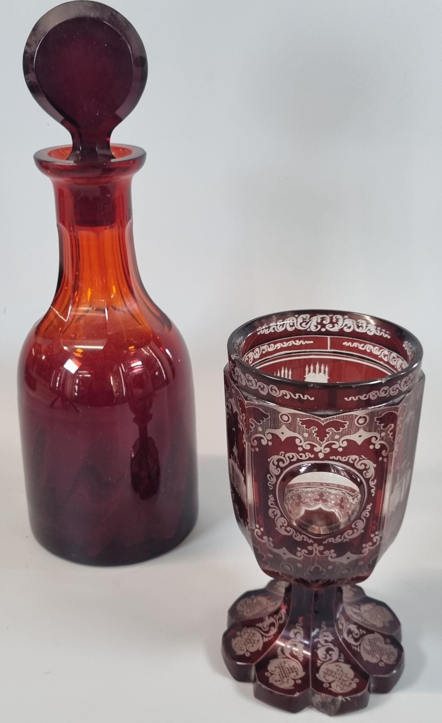19th century ruby flash glass goblet depicting The North West View of York Minster together with a