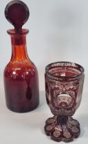 19th century ruby flash glass goblet depicting The North West View of York Minster together with a