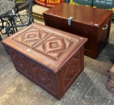 Modern padded and studded trunk together with another wooden storage trunk/artisans box with lock