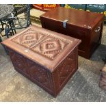 Modern padded and studded trunk together with another wooden storage trunk/artisans box with lock