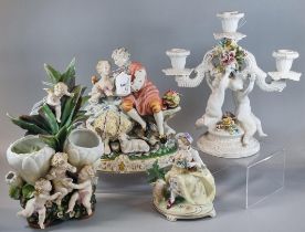 Dresden porcelain continental figure group of a young maiden and gentleman with a lamb at their