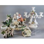 Dresden porcelain continental figure group of a young maiden and gentleman with a lamb at their