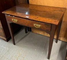 Early 19th century oak single drawer side table on square tapering legs. 84x52x75cm approx. (B.P.