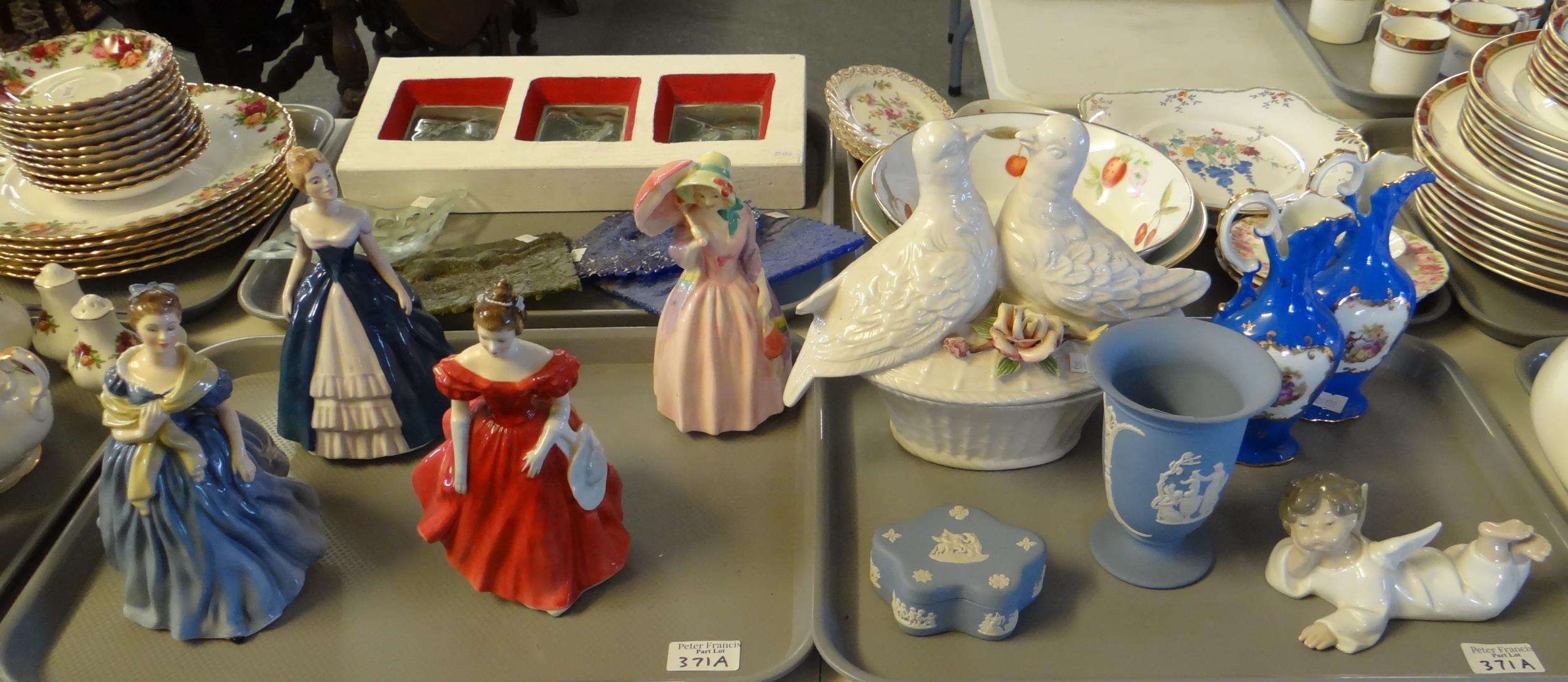 Two trays of china to include: various figurines; Royal Doulton 'Adrienne', 'Winsome' HN2220 and '