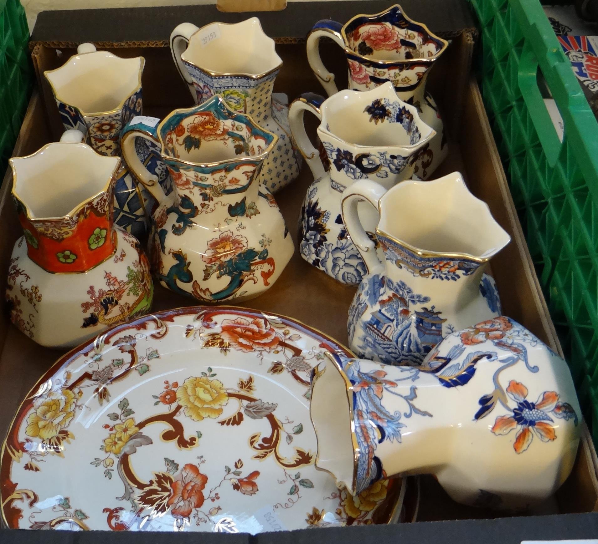 Box of Mason's Ironstone dresser jugs and plates in various patterns to include: 'Cathay', 'Gold