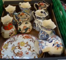 Box of Mason's Ironstone dresser jugs and plates in various patterns to include: 'Cathay', 'Gold