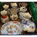 Box of Mason's Ironstone dresser jugs and plates in various patterns to include: 'Cathay', 'Gold