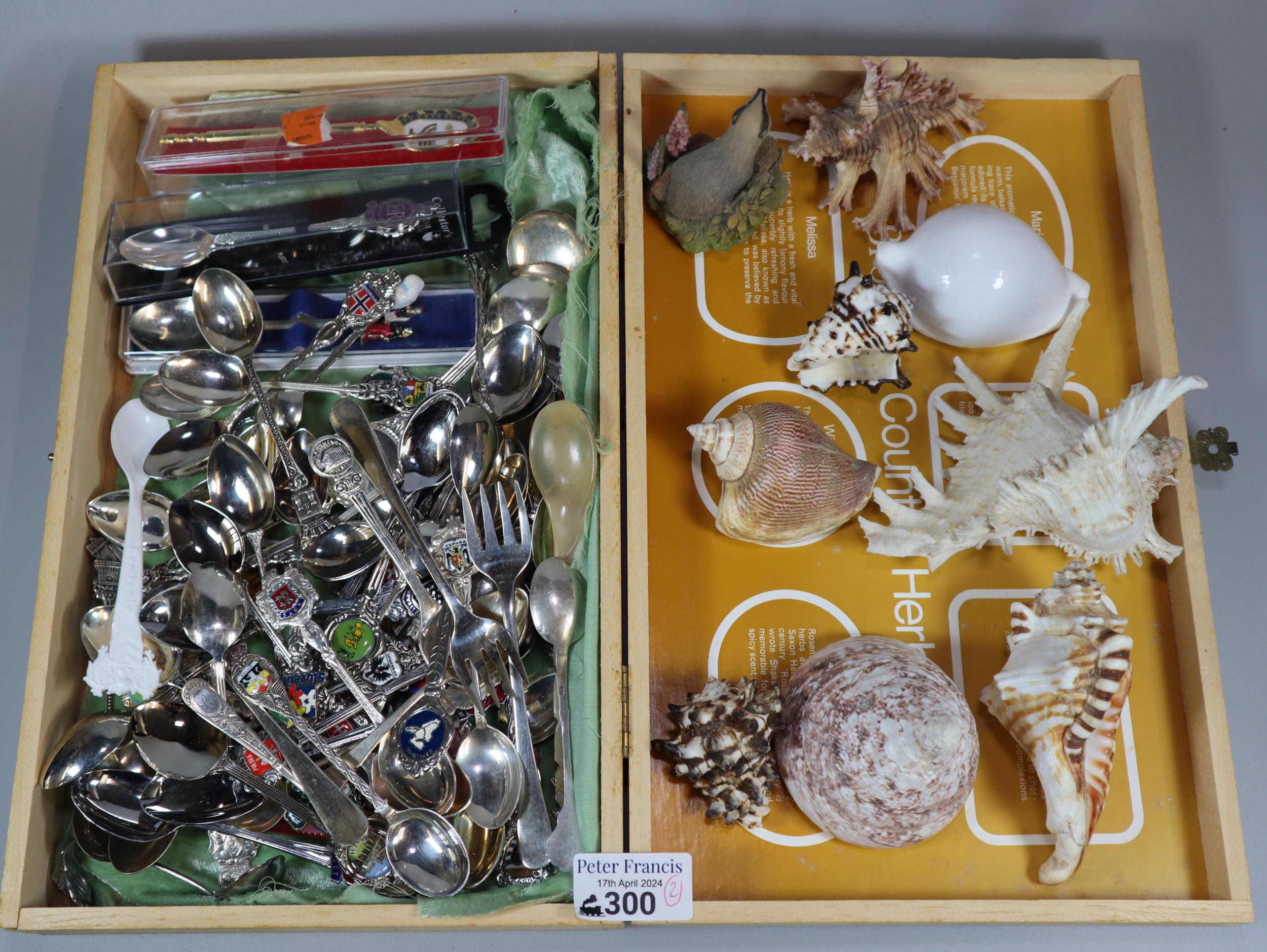 Wooden box comprising assorted souvenir spoons together with a box of marine shells. (B.P. 21% +