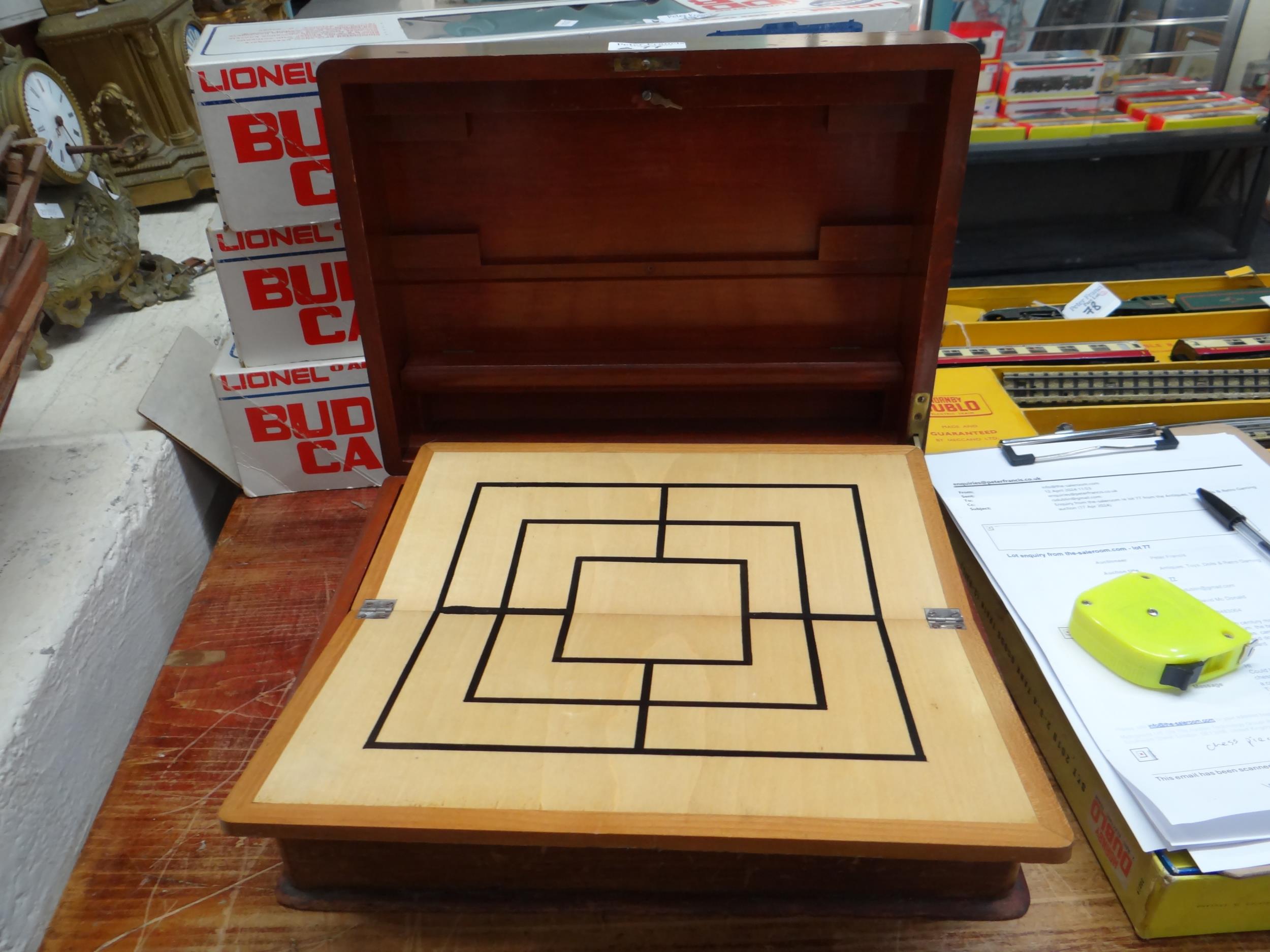 Early 20th century mahogany games compendium, the box containing various chess pieces, card boxes - Image 4 of 11