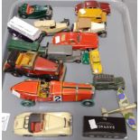 Two trays of playworn and other diecast and tin plate model vehicles to include: Minic Toys 1950s