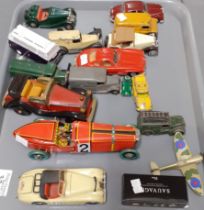 Two trays of playworn and other diecast and tin plate model vehicles to include: Minic Toys 1950s