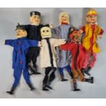 Collection of vintage wooden and fabric hand puppets to include: skeleton, devil, Punch etc. (6) (