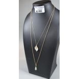 Two 9ct gold fine link chains with mother of pearl leaf design pendant and another glass pendant.