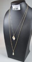 Two 9ct gold fine link chains with mother of pearl leaf design pendant and another glass pendant.