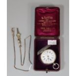 Silver keyless open faced fob watch with Roman Numerals and seconds dial in fitted case. 47g approx.
