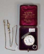 Silver keyless open faced fob watch with Roman Numerals and seconds dial in fitted case. 47g approx.