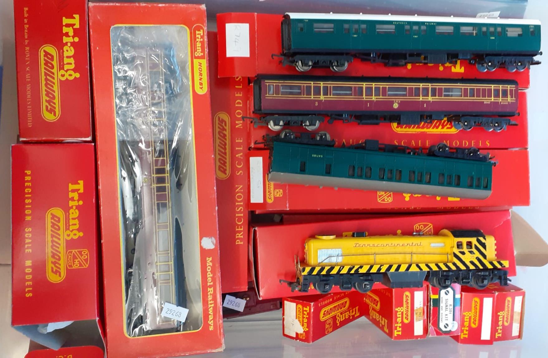 Plastic box of Tri-ang Hornby model railways OO gauge rolling stock to include: locomotives, LMS