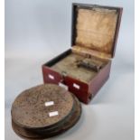 Late Victorian disc player in grained box together with an assortment of metal discs. (B.P. 21% +